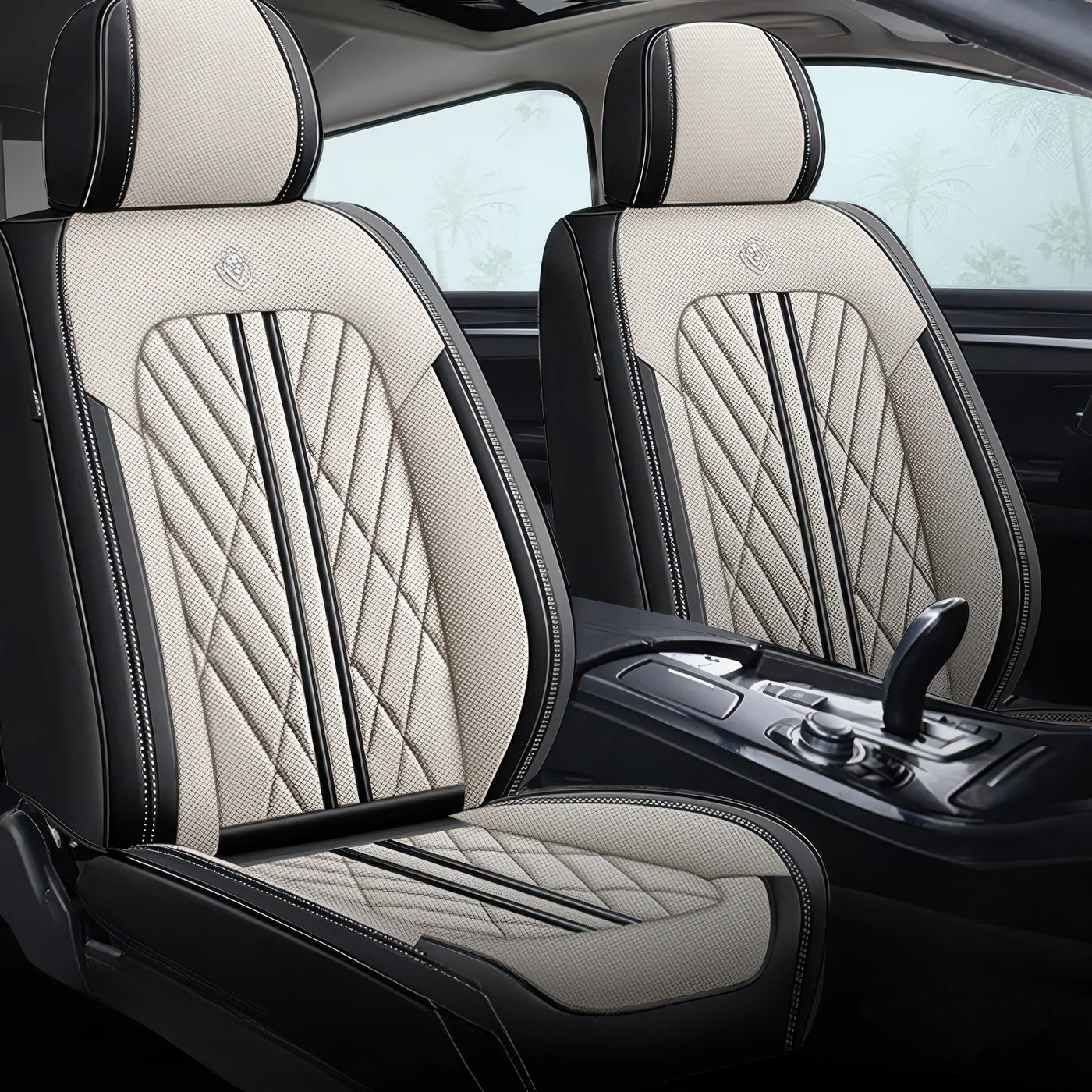 ForgeSeat Beige & Black Waterproof Leather Car Seat Covers | Front Pair