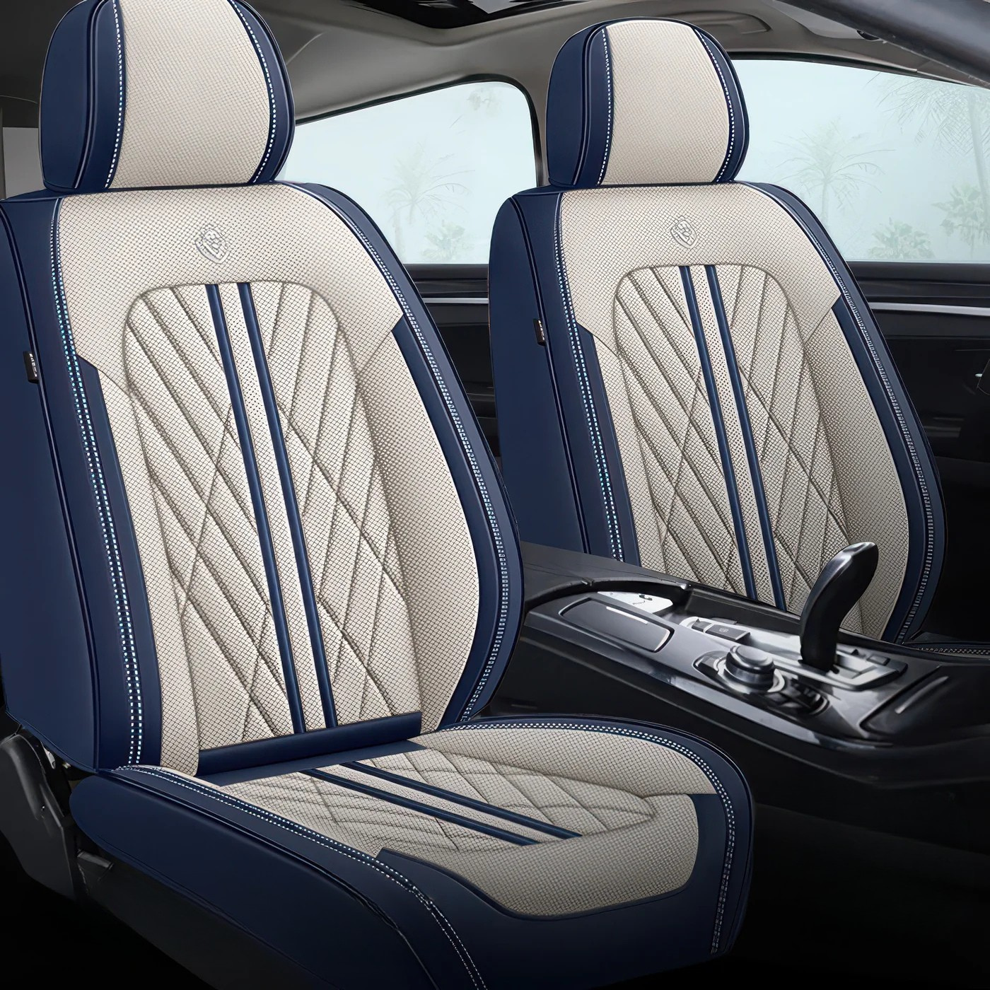 ForgeSeat Beige & Blue Waterproof Leather Car Seat Covers | Front Pair