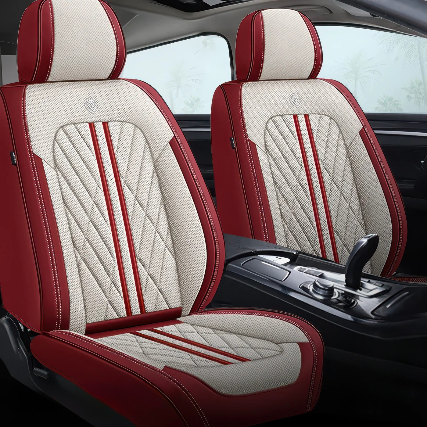 ForgeSeat Beige & Red Waterproof Leather Car Seat Covers | Front Pair