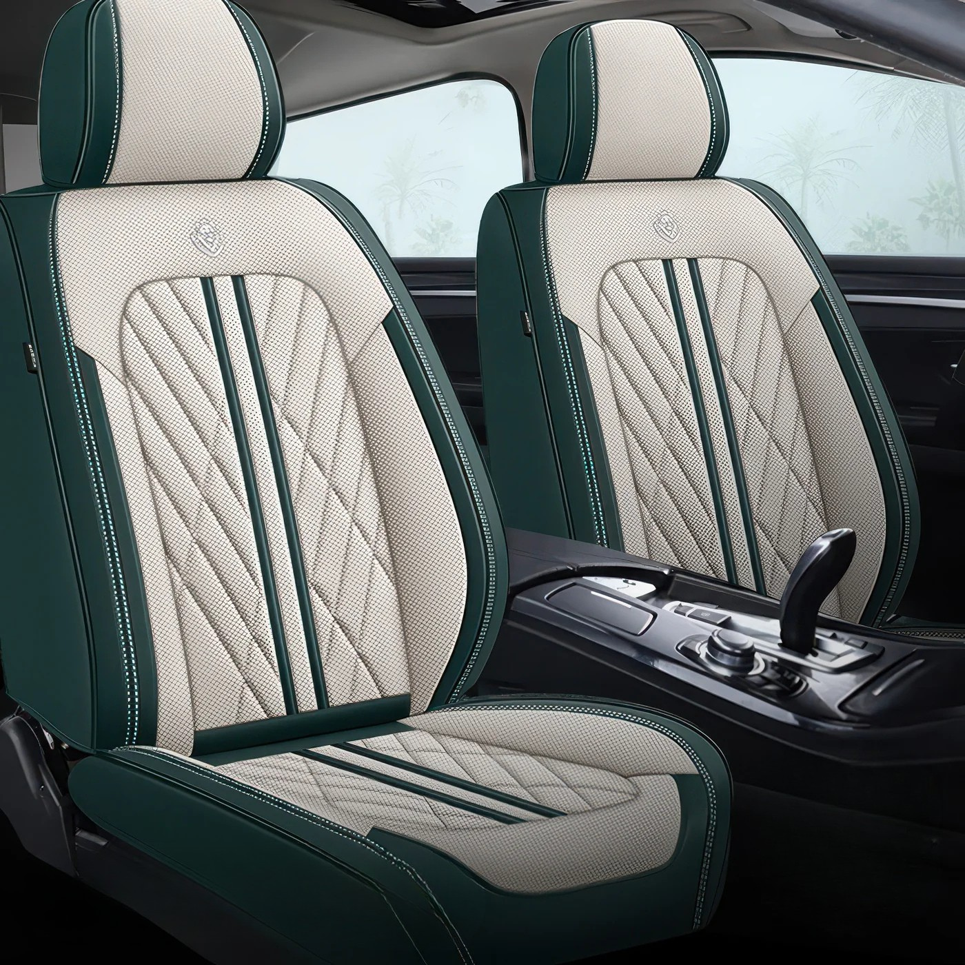 ForgeSeat Beige & Green Waterproof Leather Car Seat Covers | Front Pair